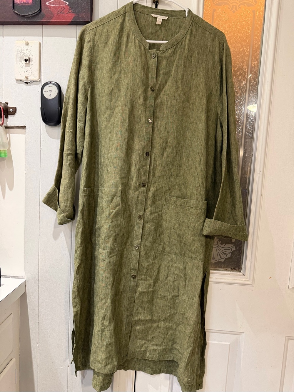Eileen Fisher  Coriander Olive  Green Organic Linen Delave Mandarin Collar Dress